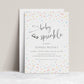 Editable confetti baby sprinkle invitation Canva template with watercolour sprinkles and pearl dots in soft rainbow tones on a white background, with script and serif typography