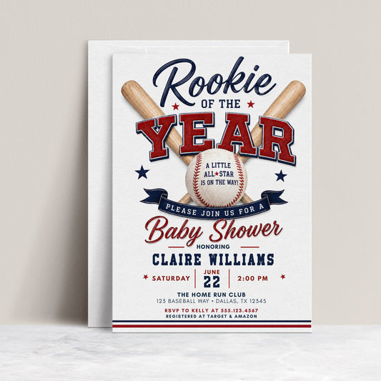 Rookie baseball baby shower invitation with crossed baseball bats, baseball, varsity lettering, navy ribbon banner, red and blue stars, and classic sports shower details