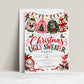 Ugly sweater party invitation with four Christmas sweaters hanging beneath string lights, a reindeer wearing sunglasses, disco ornaments, red bows, and a pink cocktail