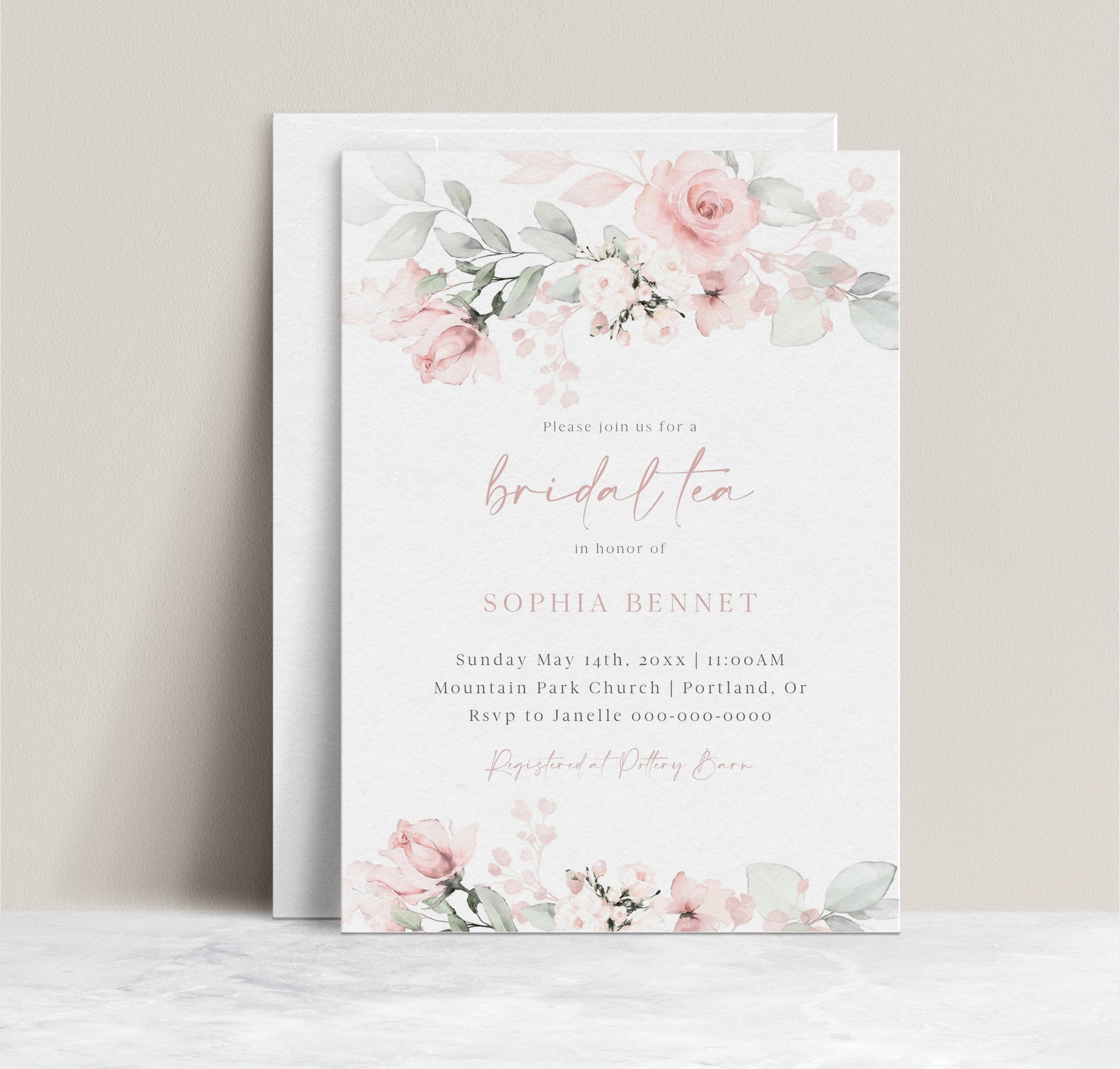 Blush pink and sage green watercolor floral bridal tea invitation template with roses and greenery, editable in Canva