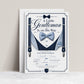 Little gentleman baby shower invitation with navy suspenders, blue bow tie, pinstripe vest, pocket square, buttons, and elegant baby boy shower details