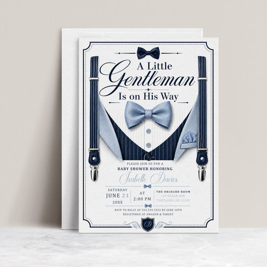 Little gentleman baby shower invitation with navy suspenders, blue bow tie, pinstripe vest, pocket square, buttons, and elegant baby boy shower details