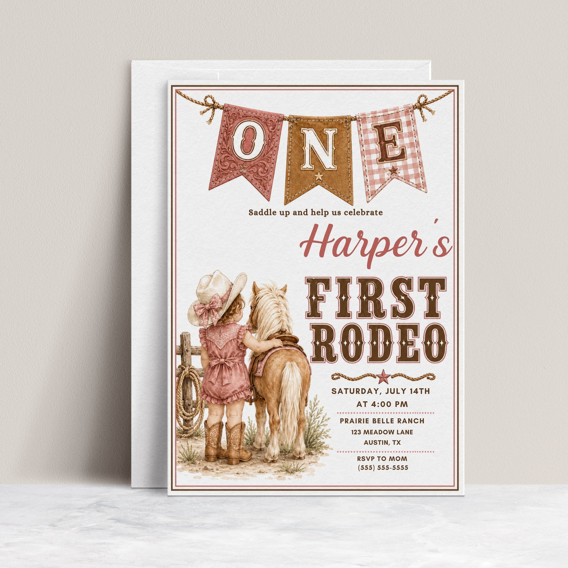 Girls 1st birthday invitation with little cowgirl, pony, cowboy hat, boots, rope details, western banner, blush pink accents, and rustic cowgirl party details