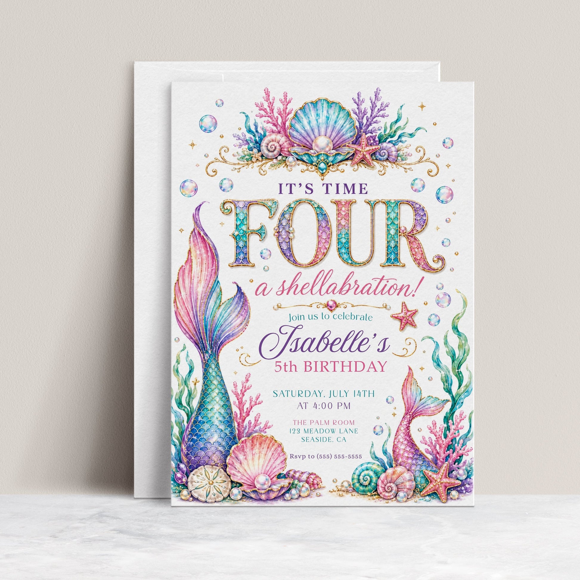 Mermaid birthday invitation with colorful mermaid tails, seashells, pearls, coral, starfish, bubbles, seaweed, gold accents, and under the sea details