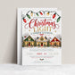 Christmas light competition invitation with three snow-covered homes decorated with glowing lights, wreaths, and garlands beneath red, green, and gold string lights