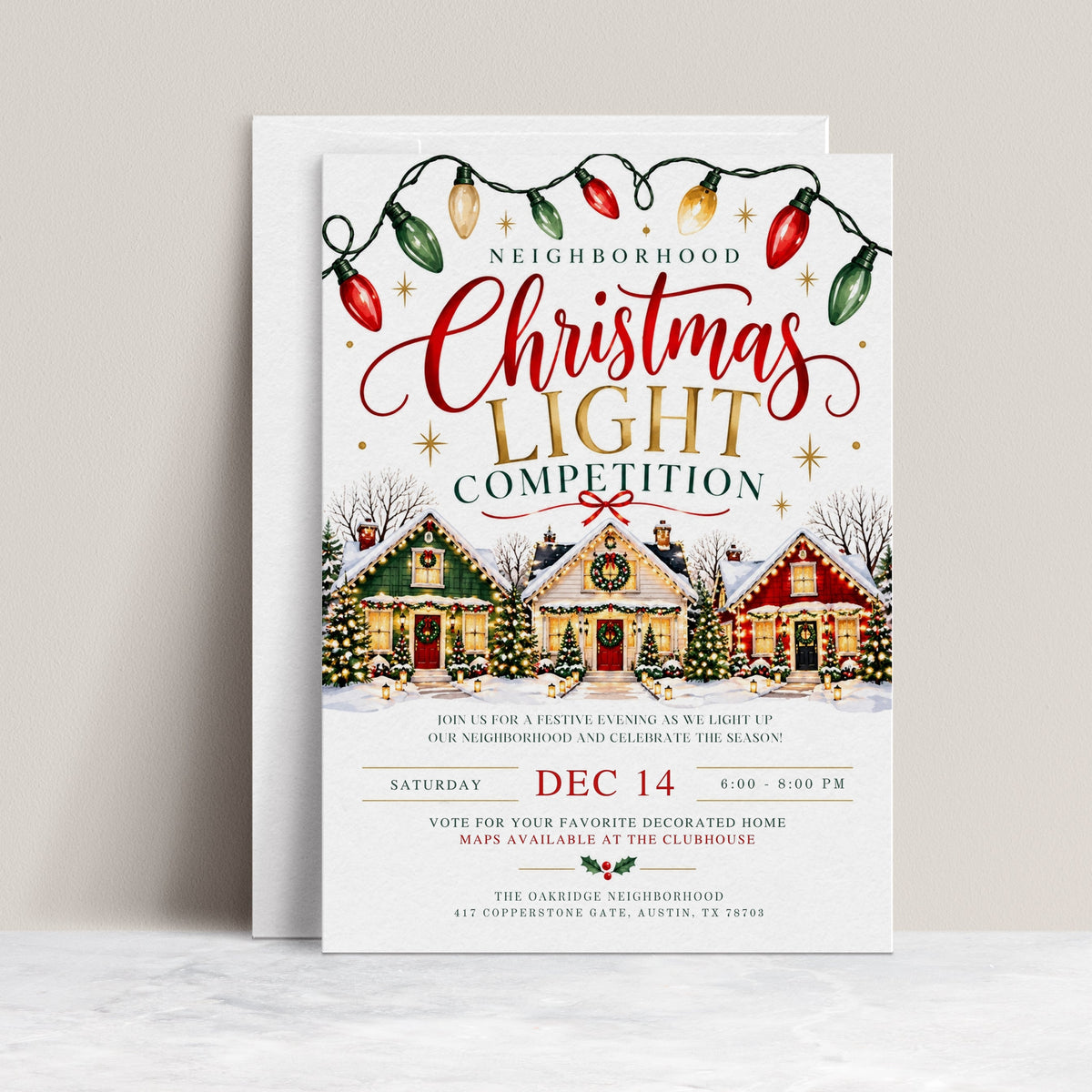 Christmas light competition invitation with three snow-covered homes decorated with glowing lights, wreaths, and garlands beneath red, green, and gold string lights