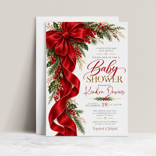 Christmas baby shower invitation with a large red bow and flowing ribbon, green holly, red berries, evergreen branches, and gold lettering on a white background