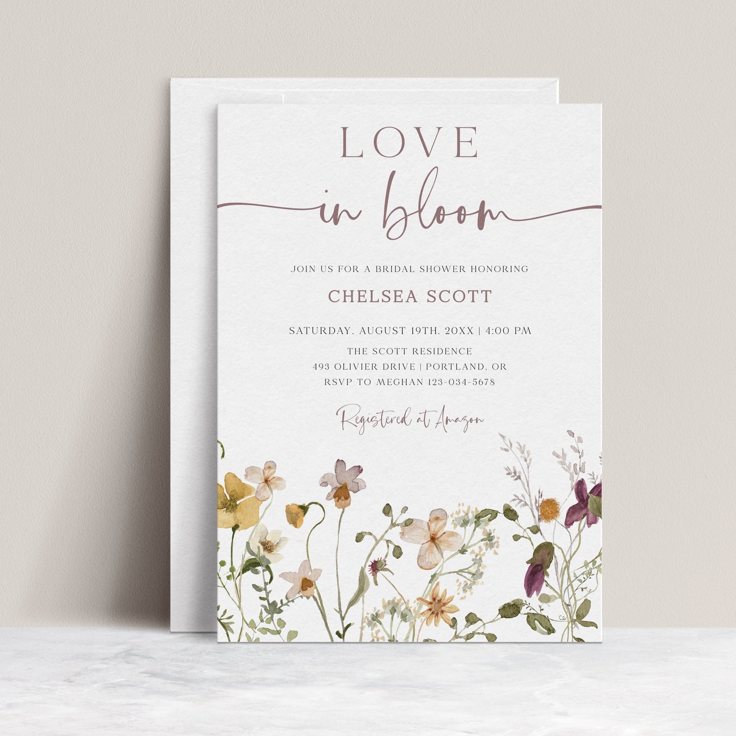 Bridal shower invitation featuring wildflower border and elegant layout, editable and personalized with Corjl | www.foreveryourprints.com
