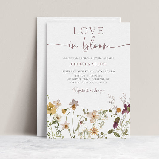 Bridal shower invitation featuring wildflower border and elegant layout, editable and personalized with Corjl | www.foreveryourprints.com