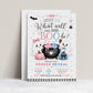 Halloween gender reveal invitation with cute ghosts, pink and blue pumpkins, bubbling cauldron, bats, spider, bows, stars, and pink blue little boo details
