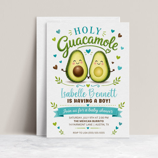 Holy guacamole baby shower invitation with cute smiling avocado characters, teal hearts, greenery accents, playful lettering, and green brown baby boy details