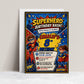 Superhero birthday invitation featuring comic book style boy and girl heroes, city skyline, POW and KAPOW graphics, stars and lightning bolts.
