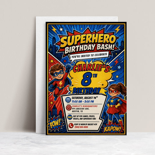 Superhero birthday invitation featuring comic book style boy and girl heroes, city skyline, POW and KAPOW graphics, stars and lightning bolts.
