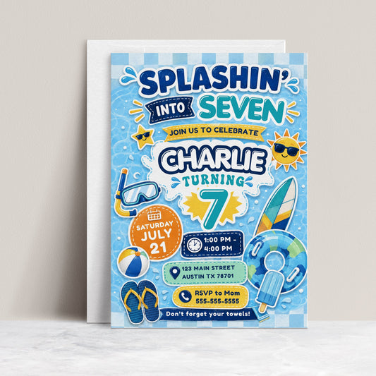 Splashin’ into seven birthday invitation with blue water splashes, swim goggles, surfboard, float tube, beach ball, flip flops, and pool party details