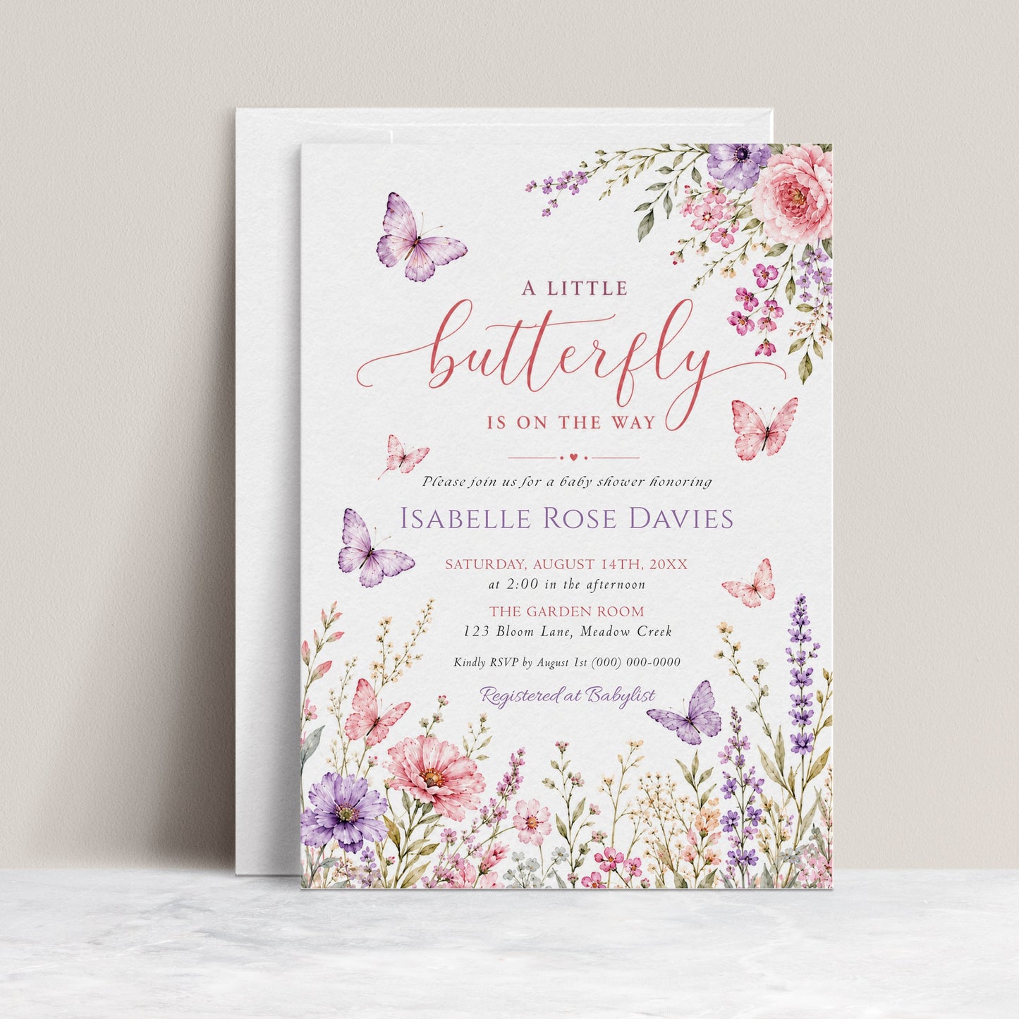 Editable pink and purple butterfly baby shower invitation Canva template with watercolour peonies, lavender, cosmos, and butterfly details on a soft blush background, shown with front and back of card