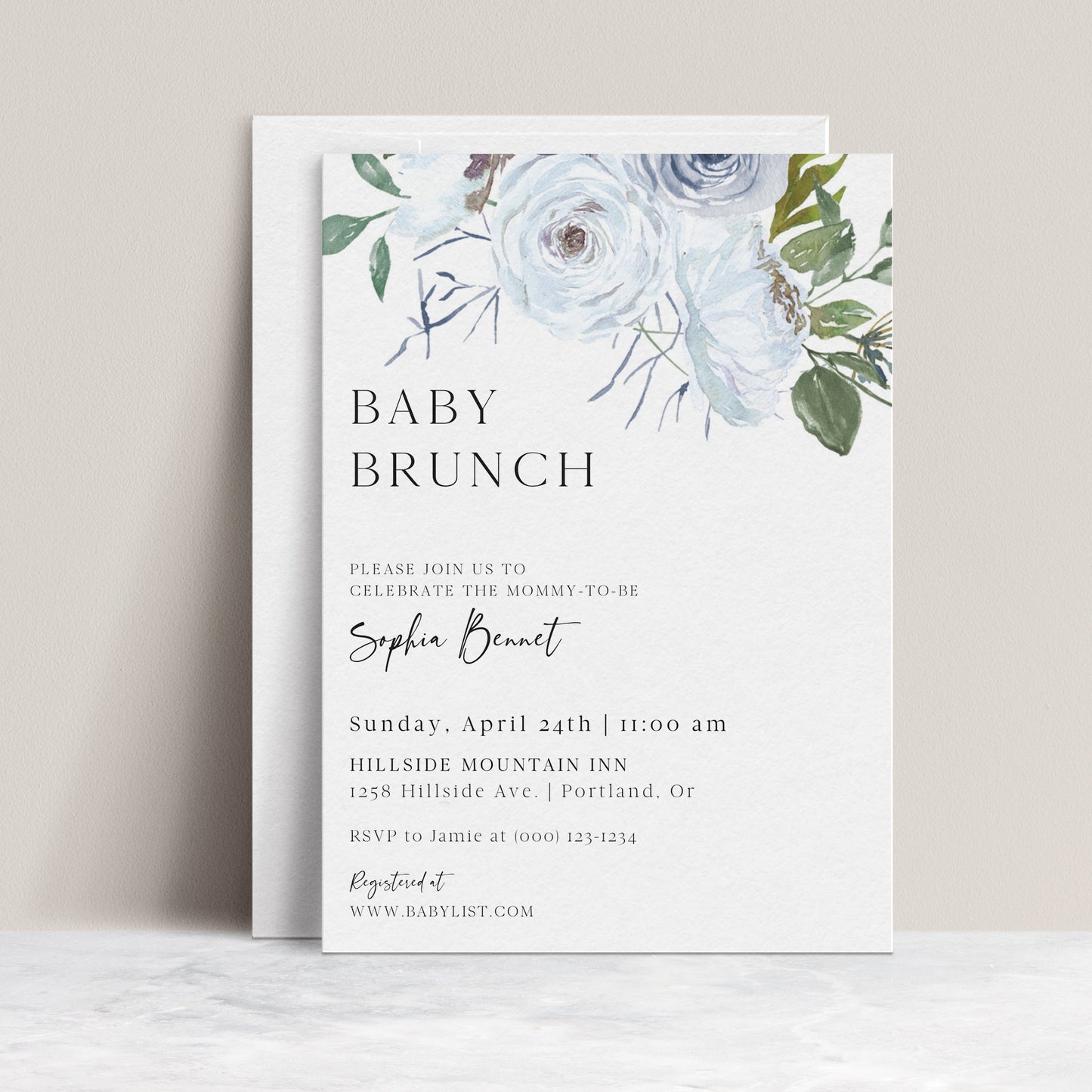 Pastel blue floral baby brunch invitation template with watercolor roses and ranunculus in dusty blue and white with green botanicals, editable in Canva