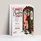 Singles Christmas party invitation with a green doorway, hanging mistletoe and disco ball, a couple’s legs in red heels and black dress shoes, and festive red bows