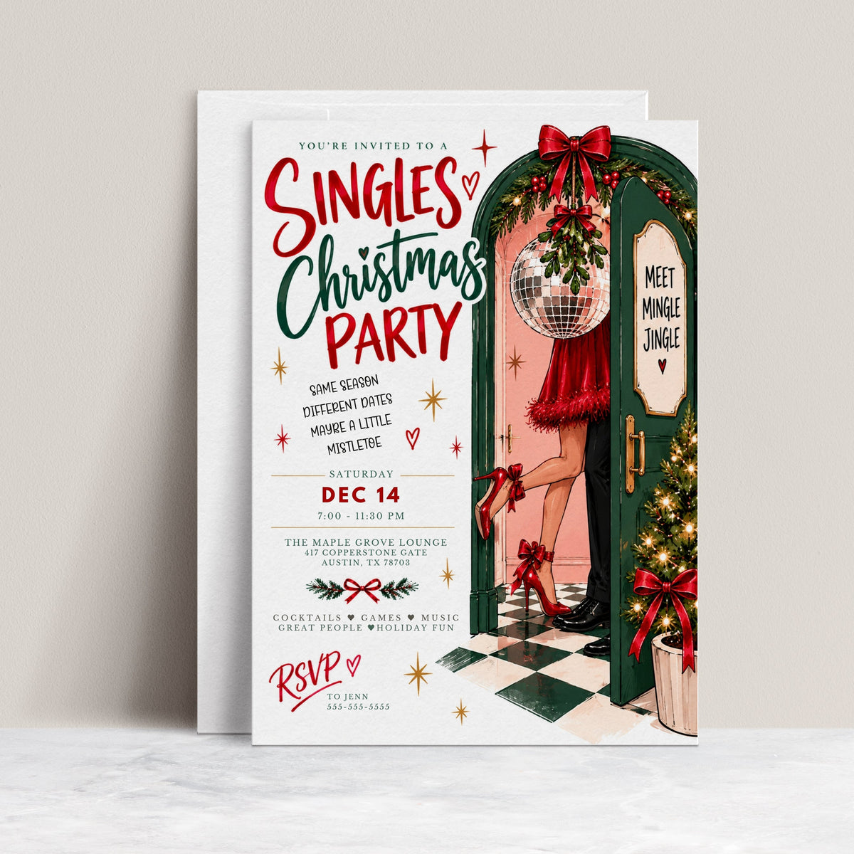 Singles Christmas party invitation with a green doorway, hanging mistletoe and disco ball, a couple’s legs in red heels and black dress shoes, and festive red bows