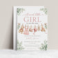 Sweet little girl baby shower invitation with hanging baby clothes, a teddy bear, and greenery in soft pink and sage