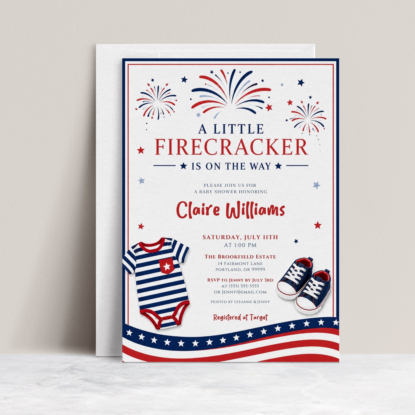 Editable firecracker baby shower invitation Canva template with illustrated fireworks, striped navy onesie, red and navy sneakers, stars and stripes banner, and bold patriotic typography on a white background