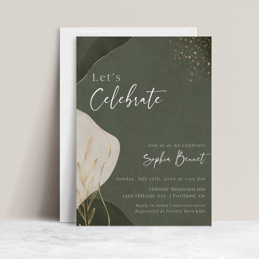 Editable sage green and gold birthday invitation Canva template with abstract shapes, cream botanical accent, gold foil scatter details, and script typography