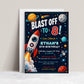 Space birthday party invitation with a rocket, planets, and stars on a navy galaxy background