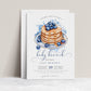 Blueberry baby brunch invitation with a watercolor stack of pancakes, syrup, and blueberries in blue and white