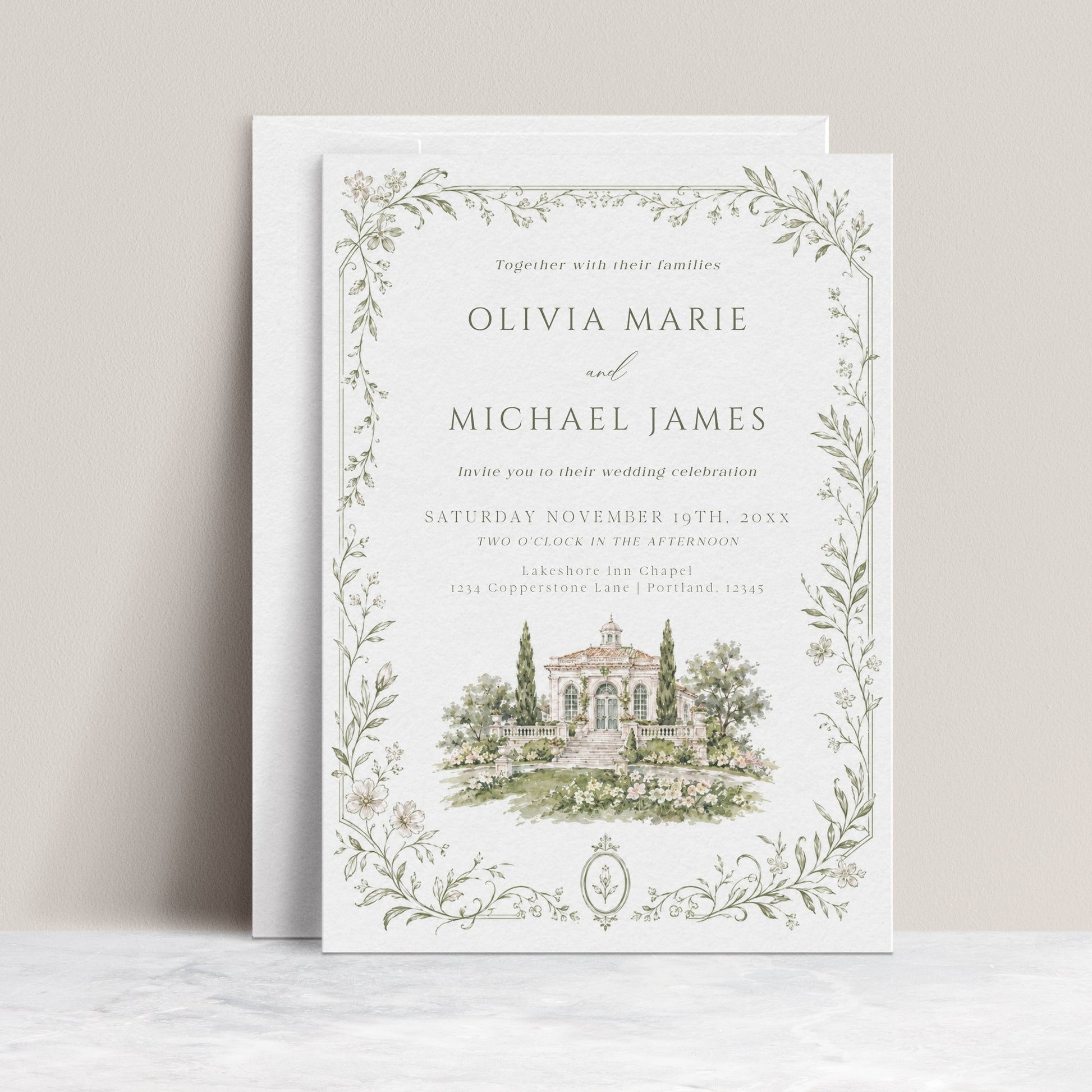 Garden estate wedding invitation template with watercolor estate illustration, delicate sage botanical vine border and elegant typography, editable in Canva