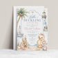 Beach duckling baby shower invitation with baby duck, pink bow, sailboat, lighthouse, sandcastle, seashells, starfish, ocean waves, and soft pastel girl shower details