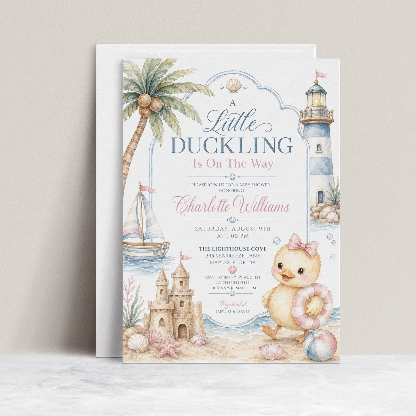 Beach duckling baby shower invitation with baby duck, pink bow, sailboat, lighthouse, sandcastle, seashells, starfish, ocean waves, and soft pastel girl shower details
