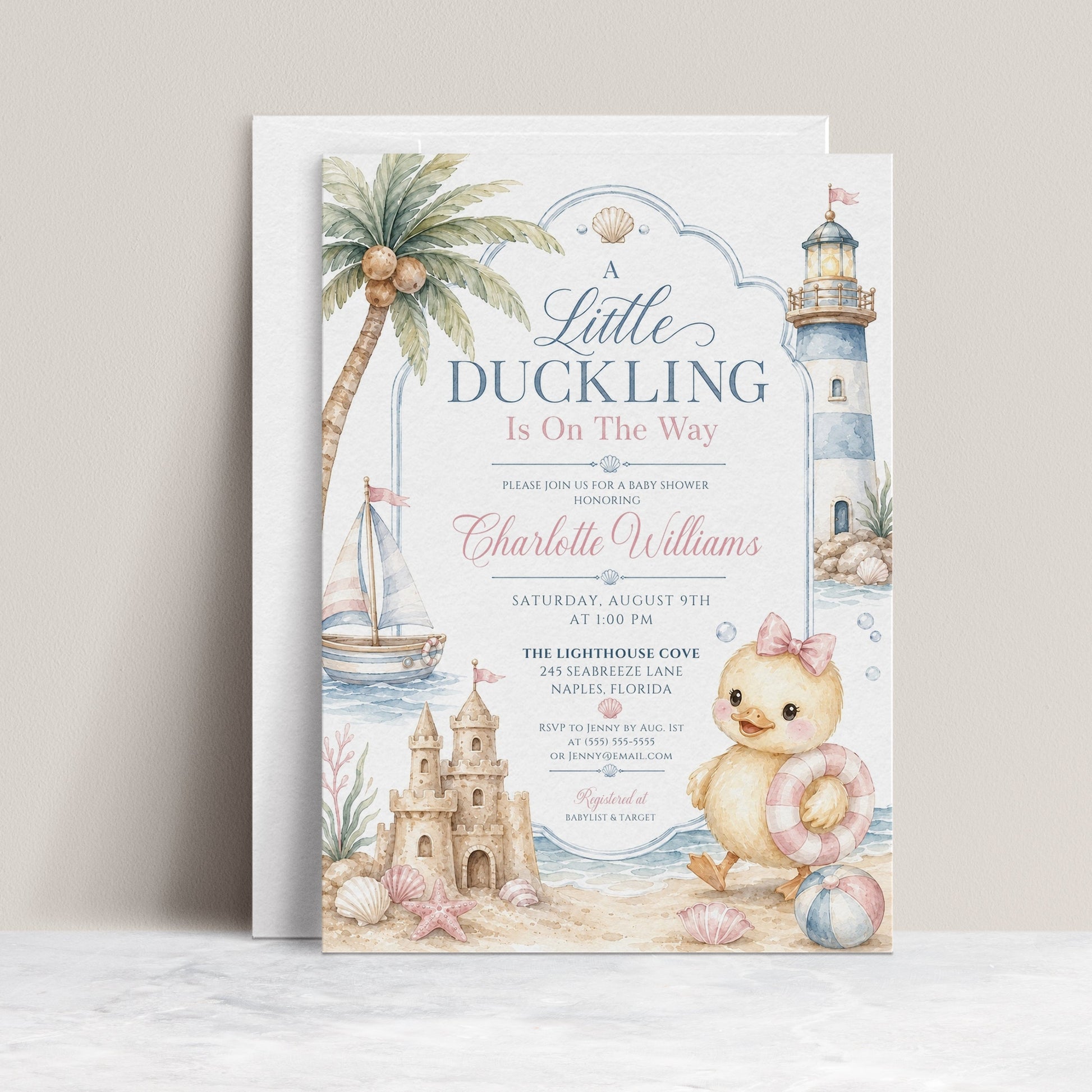Beach duckling baby shower invitation with baby duck, pink bow, sailboat, lighthouse, sandcastle, seashells, starfish, ocean waves, and soft pastel girl shower details