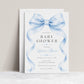 Editable blue bow baby boy shower invitation Canva template with oversized watercolour powder blue bow and flowing ribbon tails, bold spaced serif typography, and blue calligraphy script on a white background