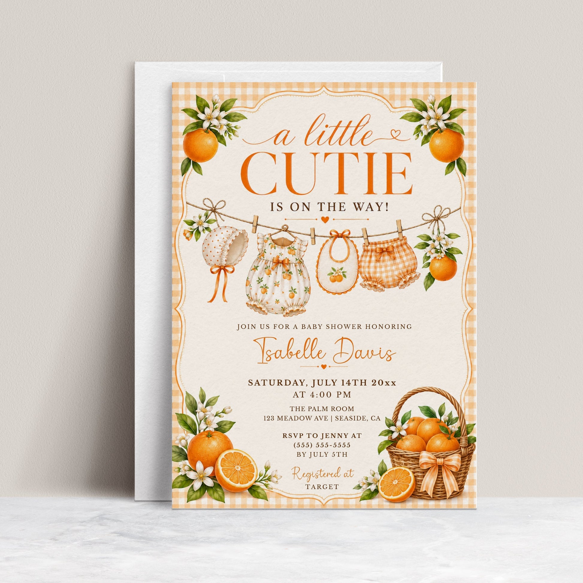 Editable little cutie baby shower invitation Canva template with watercolour oranges, orange blossoms, wicker fruit basket, clothesline scene with romper and bonnet, and orange gingham background