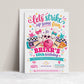 Bowling birthday invitation for a girl’s 10th birthday with smiling bowling pins, pink and teal bows, heart sunglasses, a pink bowling ball, arcade machine, and pizza