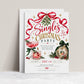 Singles Christmas party invitation with pink holiday cocktails, a gold disco ball ornament, hanging mistletoe, flowing red ribbon, green bows, and gold stars