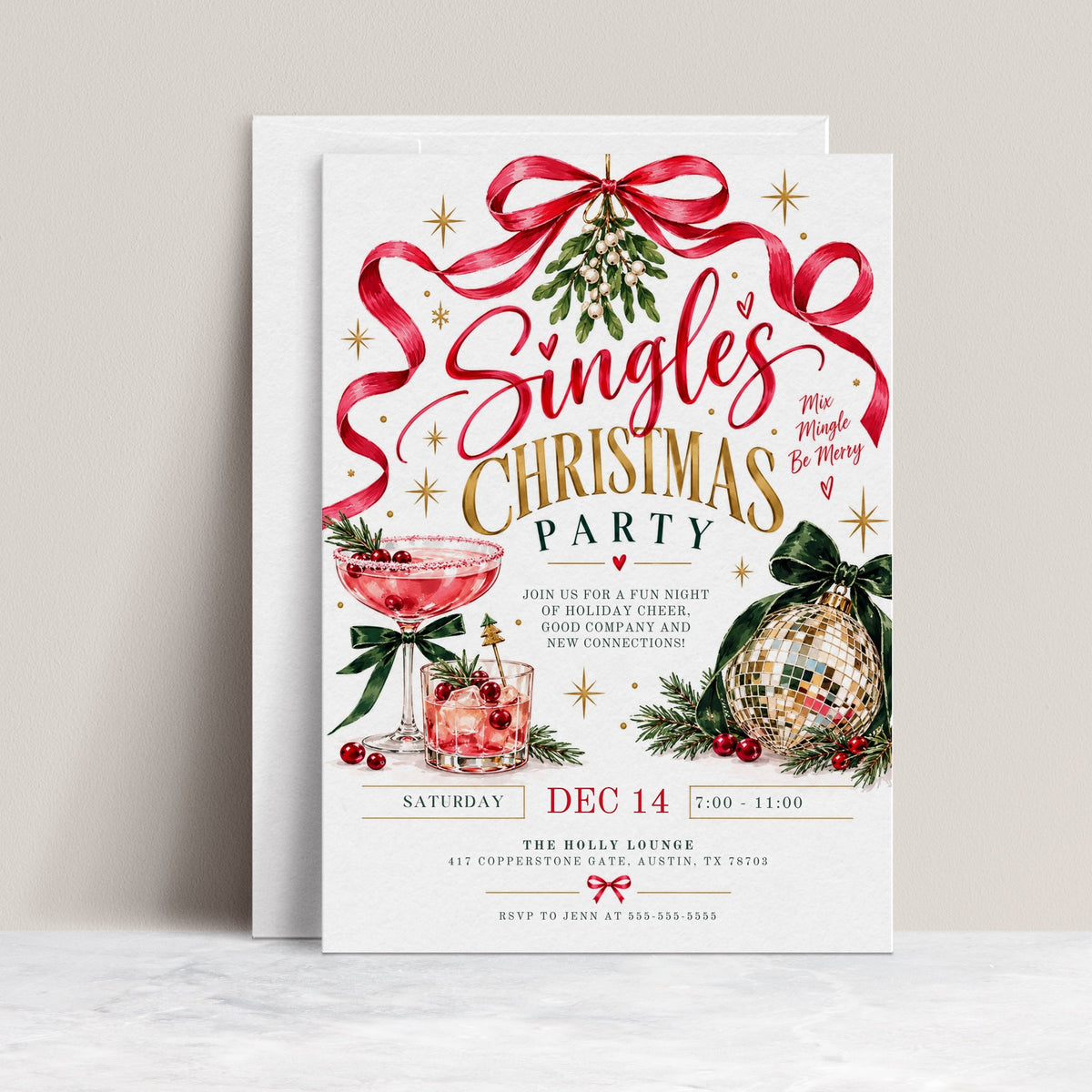 Singles Christmas party invitation with pink holiday cocktails, a gold disco ball ornament, hanging mistletoe, flowing red ribbon, green bows, and gold stars