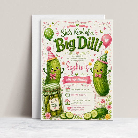 Big dill birthday invitation with cute pickle characters, party hats, balloons, pink bows, pickle jar, flowers, greenery, and green pink party details