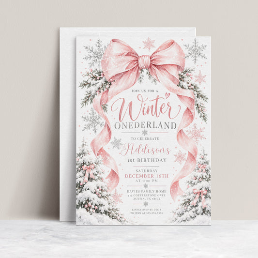 Winter Onederland 1st birthday invitation with a large pink bow, flowing ribbons, silver and pink snowflakes, and snow-covered trees decorated with pink bows