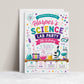 Science birthday invitation with colorful beakers, test tubes, microscope, safety goggles, atoms, molecules, and bright science lab party details for girls