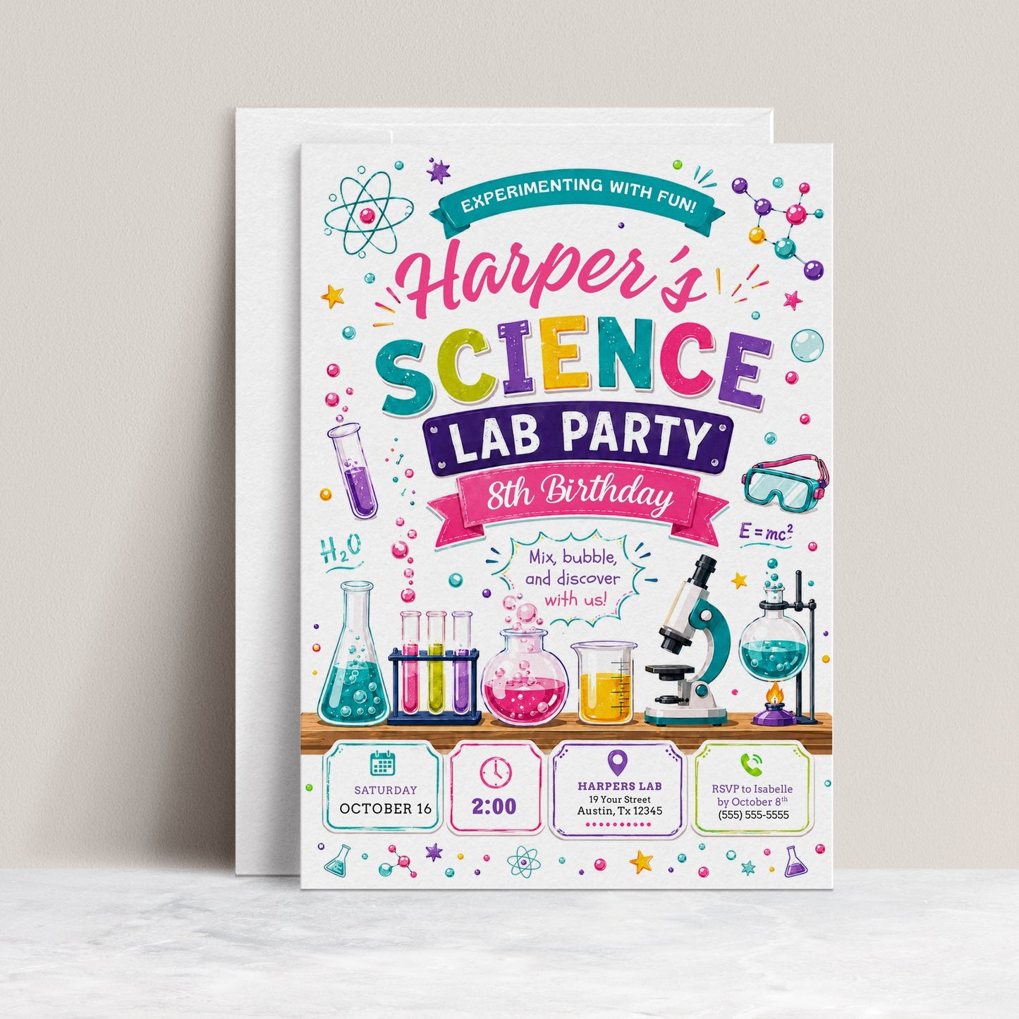 Science birthday invitation with colorful beakers, test tubes, microscope, safety goggles, atoms, molecules, and bright science lab party details for girls