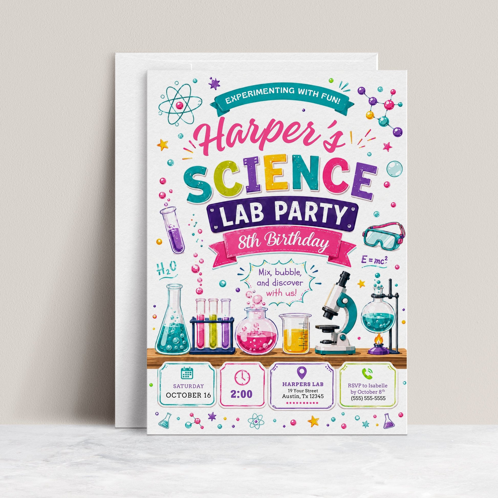 Science birthday invitation with colorful beakers, test tubes, microscope, safety goggles, atoms, molecules, and bright science lab party details for girls