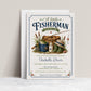 Little fisherman baby shower invitation with fishing gear, a creel basket, and green boots in navy and green
