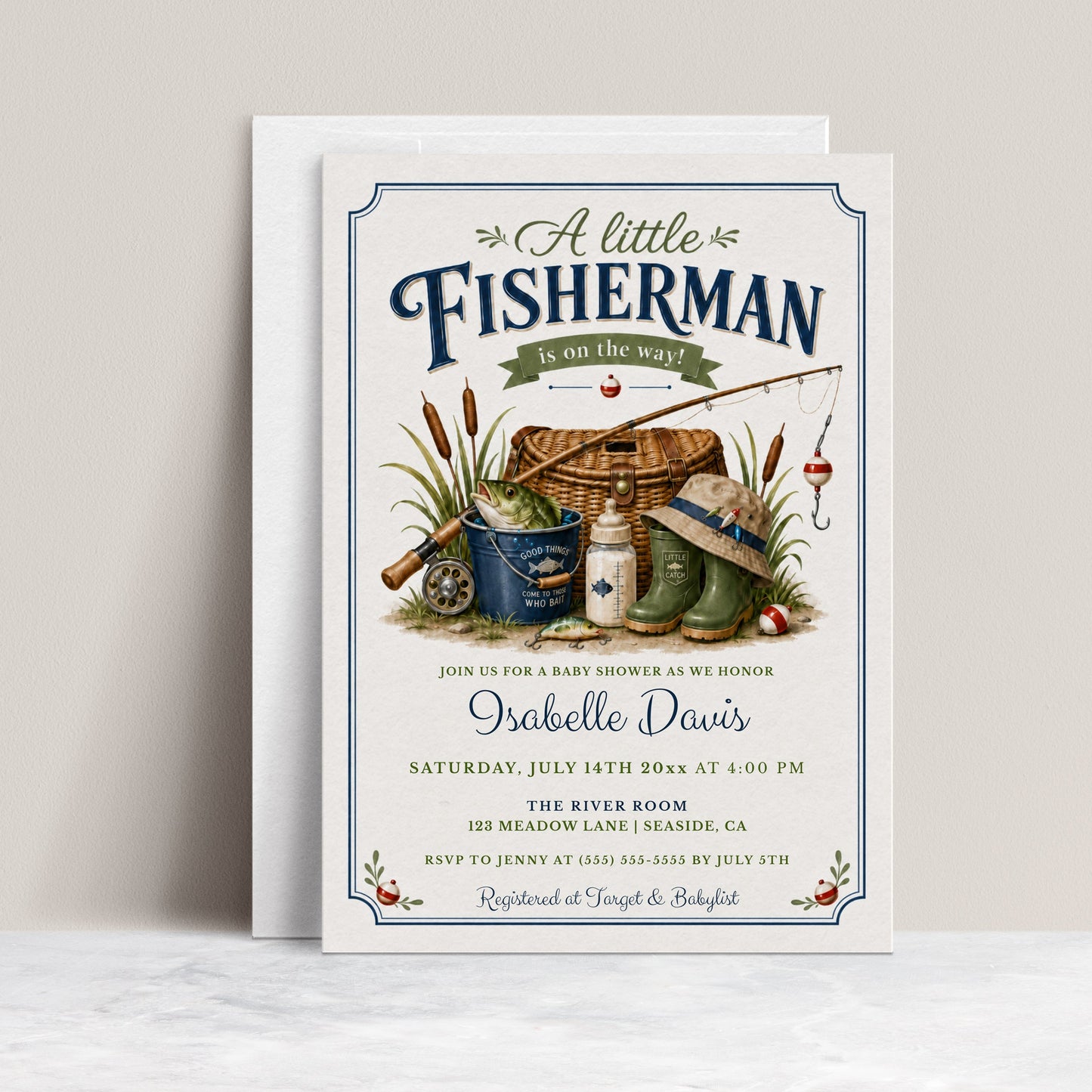 Little fisherman baby shower invitation with fishing gear, a creel basket, and green boots in navy and green