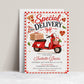 Editable pizza baby shower invitation Canva template with retro Italian pizzeria style, red scooter, pizza boxes, heart shaped pizza, red gingham border, and bold red and navy typography on a cream background