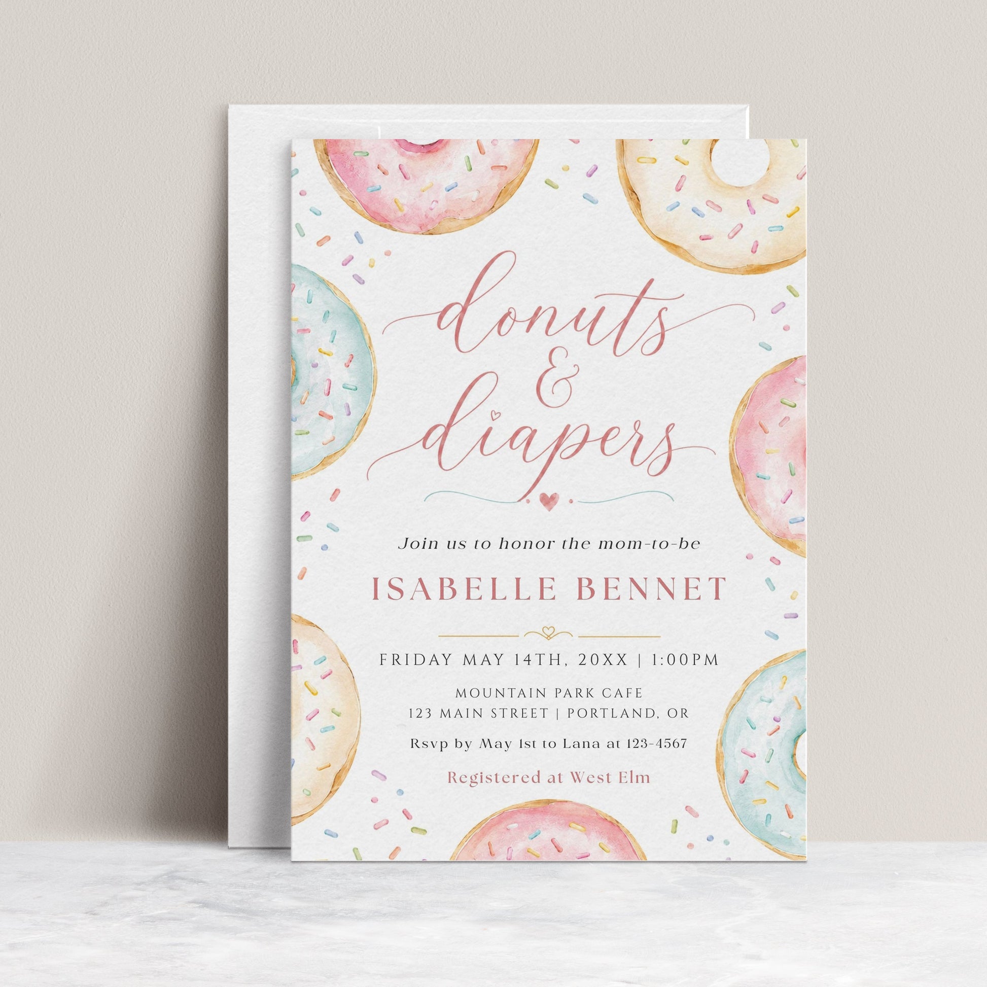 Editable donuts and diapers baby shower invitation Canva template with watercolour pastel donuts, rainbow sprinkles, and script typography on a white background