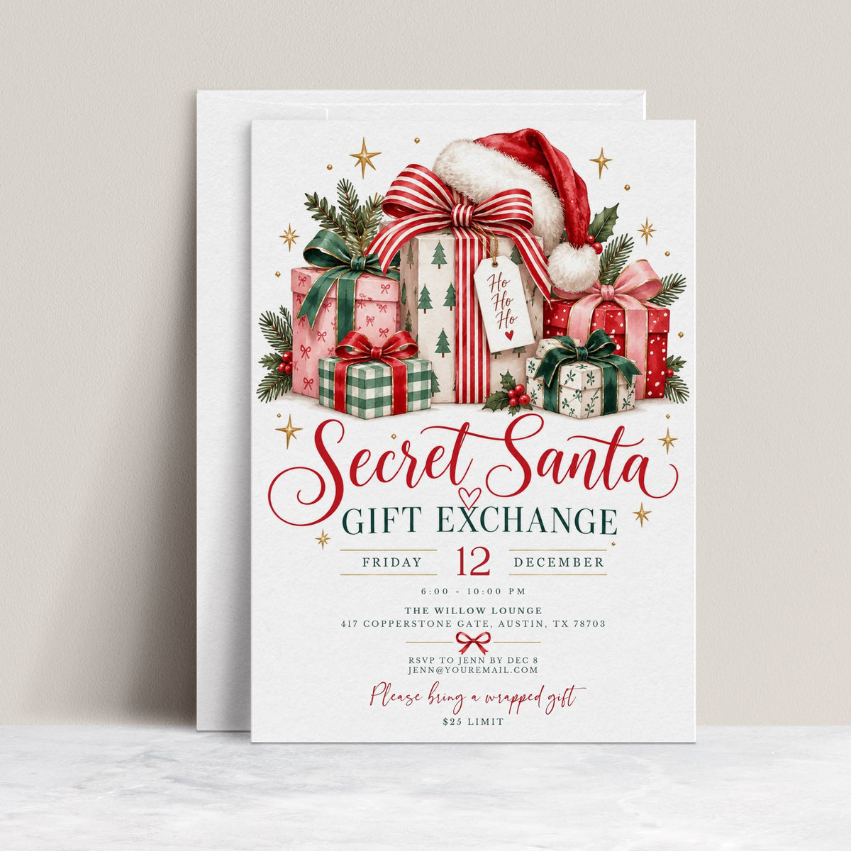 Secret Santa gift exchange invitation with red, green, and pink wrapped presents, oversized ribbon bows, a Santa hat, evergreen sprigs, holly berries, and gold stars