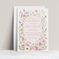 Editable wildflower baby sprinkle invitation Canva template with watercolour botanicals, blush arch, butterfly details, and script typography on a soft pink background