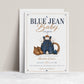 Blue jean baby shower invitation with denim overalls, brown boots, and a lasso in denim blue and caramel