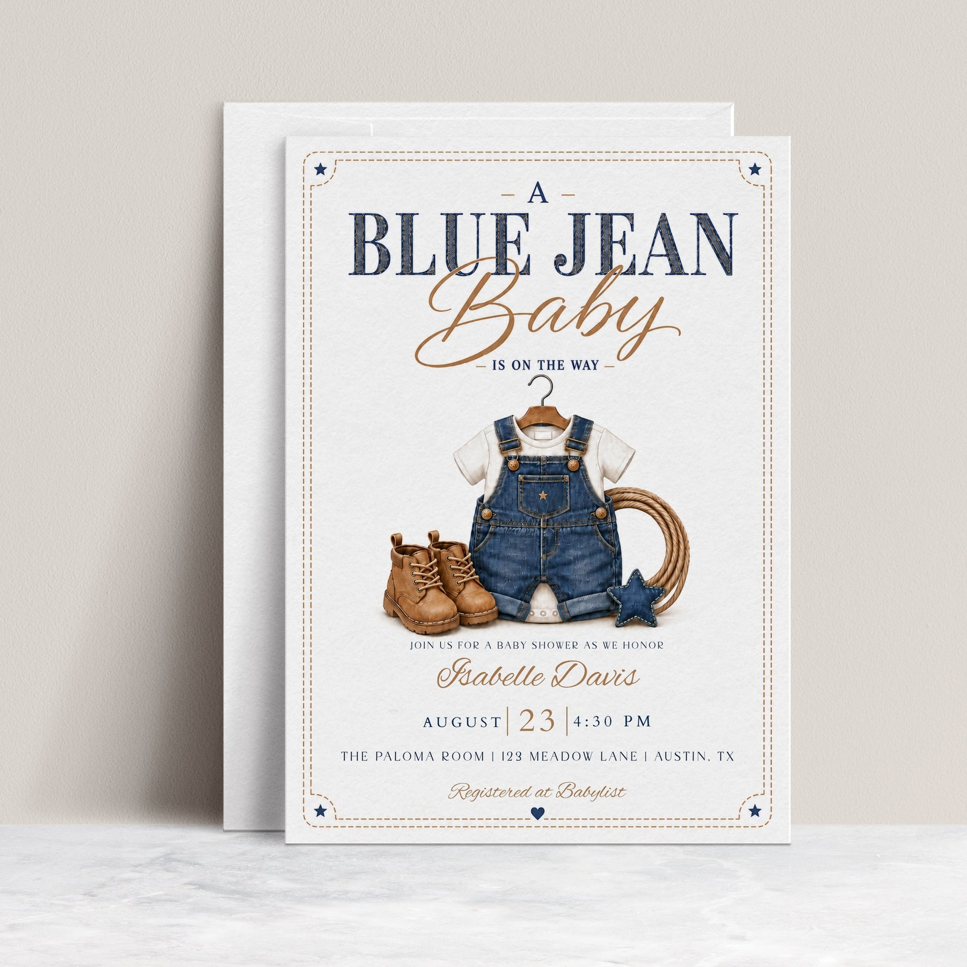 Blue jean baby shower invitation with denim overalls, brown boots, and a lasso in denim blue and caramel
