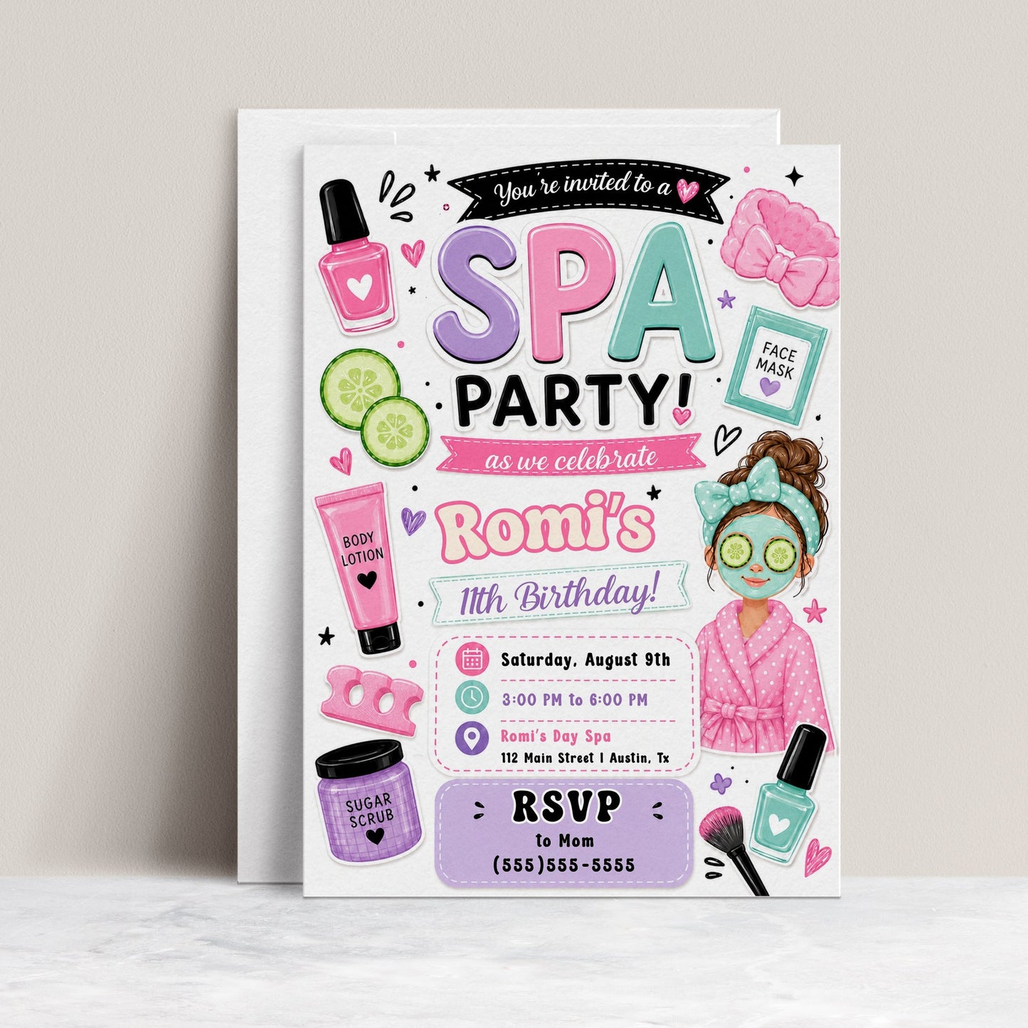 Spa party birthday invitation with nail polish, face mask, robe, cucumber slices, lotion, sugar scrub, makeup brush, hearts, and pink purple teal details